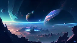 A view from another planet overlooking the planet Earth and around meteorites, planets, criminals and large galaxies in the form of anime