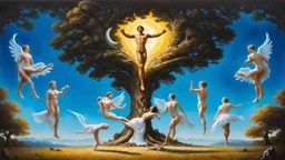 A surreal, allegorical painting depicts a tree-like structure with numerous nude figures in various poses and scenes. At the top, a muscular, radiant male figure with arms outstretched is illuminated by a golden glow against a bright blue sky. Below him, a female figure dances in front of a crescent moon, and further down, two ethereal white figures embrace.
