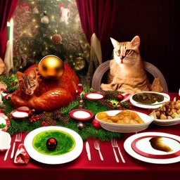 Cats and children eating Christmas dinner with alien lion and floating ball, and exquisitely decorated turkey and HR giger alien