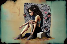 A sad and broken beautiful young woman is sitting on a stone holding a broken metal heart in her hands; perfect anatomically correct hands, perfect anatomically correct feet, mixed media collage, textured, layered, assemblage, inspired by Brian Viveros and Esao Andrews, elements of kintsugi on the edges of the heart with a gold and oxidized copper patina, backdrop of tumbleweeds and cacti interspersed with delicate flowers and subtle bokeh effects, the entire composition exuding an aura of grief