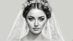 white background, bride, black and white pencil drawing, 3d, 64k, high resolution, high detail, computer graphics, hyperrealism, f/16, 1/300 sec. digital painting, double exposure,