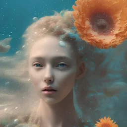 The orange girl Kodak Portra 400, 8K,ARTSTATION, volumetric lighting, highly detailed, portrait photography og a philisopher hiding in flowers, face is under water Pamukkale, raining, Realistic, Refined, Highly Detailed, interstellar outdoor lighting colors scheme, outdoor fine photography, Hyper realistic, photo realistic