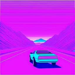 Vaporwave sci-fi scene car driving to the distance