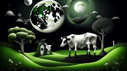 The image features a surreal landscape with a black and white cow that has a circular cutout in its side. The background includes imaginative elements like a tree, a moon in the sky, and a framed image of another cow. The setting has green grass, a flower, and unusual objects like a toilet and a basin, contributing to the dreamlike atmosphere.