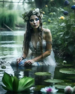 Lens focus DSLR Camera Photography full length image beautiful humanoid Russian Pretty Girl Fairy Queen sorrounded full of lotus flowers leaves plenty,fullbody pretty fairy lady drown into the river swim on swampriver and the wonderful river sorrounded birds and flowers, morning heavy fog and smokes background,realistic potrait photoshoot experiences photographer