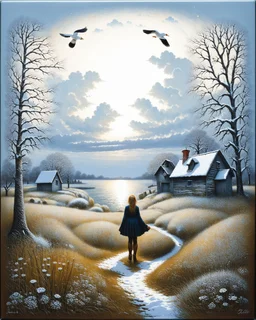 Richly textured Hieronymus Bosch, Catrin Welz-Stein, William Turner, Zdzisław Beksiński, Jacek Yerka oil on canvas zentangle line art style mix, surreal frosted fantasyland winter oceanscape, hoarfrost on trees, high grasses, snow and cottages, withered flowers, pale sunrise; paint splatter, beautiful vibrant colors, reflections, SK, flying seagulls, dramatic clouds, snowfall.