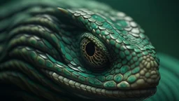 modernist style, Photorealistic macro photograph of the head and neck of a Porthidium cristata, capturing the intricate details of its scales and facial features, deep teal and light grey color scheme, blurry, muted colors, long exposition motion blur, art nouveau, soft colors