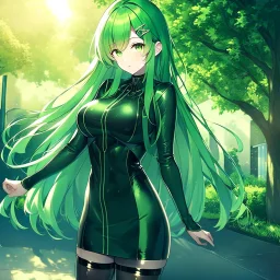 girl, masterpiece, best quality, cinematic lighting, detailed outfit, perfect eyes, long hair, green hair, green eyes, hairclip, latex legwear, green theme, outdoors,