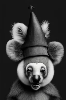 KOALA HEAD WEARING A JESTER HAT, BLACK AND WHITE