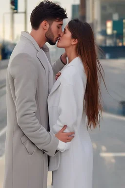 Style: image transformation with changing features, standing, intimate feelings and kissing, high realism, realistic relationship features, professional details sexually realistic, person with a hope for the In beautiful Woman