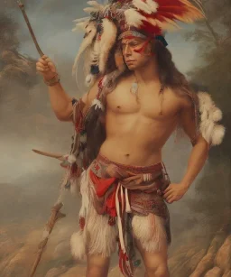 Guaicaipuro, native american god, 30 years old, Muscular warrior, red feathers headdress, shirtless, angry look, holding a stone tip spear