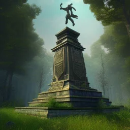 Monument, abandoned city centre, statue of human on top, look from distance, buildings visible whole statue, overgrown statue and monument, realistic, highly detailed