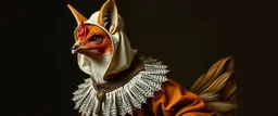 amish space alien fox hen dressed in amish outfit, painted by Rembrandt, Escher and Giger