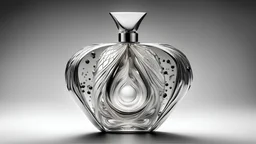 Imagine a perfume bottle that defies conventions and sparks the imagination. Picture a design so unique and captivating that it becomes a work of art, seamlessly blending aesthetics with fragrance. Conceptualize this extraordinary perfume bottle, focusing on an out-of-the-box and breathtakingly beautiful design - blink – and – you – miss – it detail, Shot on a Hasselblad high format camera with a 100mm lens. Unmistakable to a photograph. Cinematic lighting. --Chromatic Aberration