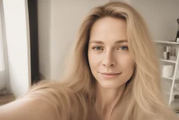 A selfie of a woman, middle long blond hair, showing a 39-year-old European woman. She has brown hair, face without makeup, cute nose, detailed full lips, skin texture. Natural lighting and low contrast