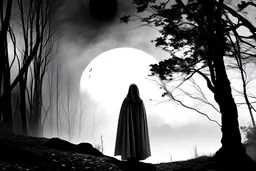 scene, horizontal black and white, forest fog, superbig full moon, moon is a center of image, tim burton character, woman wiht cape and hood, woman stand up on spiral rock, face woman sad, super big eyes, circles eyes