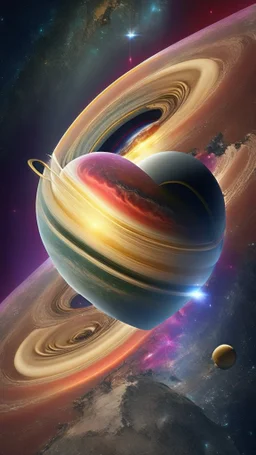 heart-shaped planet in space, with saturn rings , photorealistic