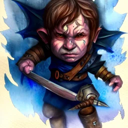 dnd, fantasy, watercolour, ilustration, halfling, artstation, realistic, ranger, infused with elemental powers of water, portrait, face, glowing blue eyes, angry, vicious