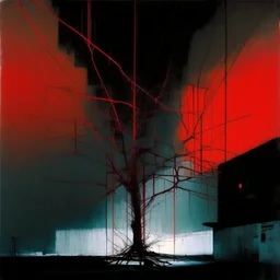 Minimal abstract oil painting of a tree in concrete warehouse brutalist architecture and hanging wires illuminated at night. With red triadic colours. In the style of Justin Mortimer and Phil Hale, Ashley Wood