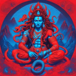 Shiva in mountain shambala neon red and blue with snake