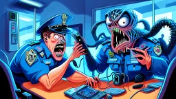 confused male cop dispatcher deals with evil virus hatching from the phone