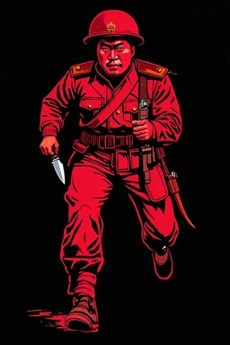 mongolian soldier(uniform and face based on racist steriotypes) running towards viewer, a knife i one hand, and a gun(barrel pointing at viewer) in the other. blocky retro 1960's jack kirby style poster in monochrome with white background