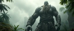 we see an enourmous giant man with ancient clothing. storm giant in wet jungle