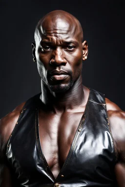 Portrait of a 45 year old handsome dark skinned and muscular heavy set african man with a bald head and neatly trimmed beard with flecks of grey. he is wearing a leather waistcoat and no shirt. he has a gold earing in his left ear