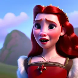 Very young Modern looking Mary queen of scots , with long red hair, blue eyes, pouting red lips, the most beauiful , Star wars ,big smile white teeth . full lips ,vintage pixar