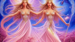 Create an image of a full body cosmic goddess. the goddess should be depicted as a beautiful and powerful figure, surrounded by cosmic stars. her hair should be long, blond and flowing, and she should be dressed in a flowing gown blue celestial robe. in the background, include imagery of pink flowers, blue sky, trees. the image should evoke a sense of joy, celebration, and spiritual connection to nature.