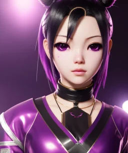 Detailed cute anime Kunoichi girl, purple hair buns, purple bangs, black latex bodysuit, intricate details, full body portrait, keep head in frame, slight smile, black Japanese motif, concept art, highly detailed, digital painting, concept art, sharp focus, illustration, art by Yoji Shinkawa, WLOP and greg rutkowski and alphonse mucha and artgerm and yanjun Chen and Junji ito and Makoto Shinkai, HDR, octane render