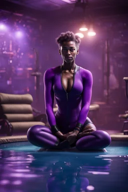 portrait of dark female yoga diver in purple pool in fallout 4 setting, bokeh, downlight, prize winning, depth of field, in the style of ivo caprino, downlight, furry chair