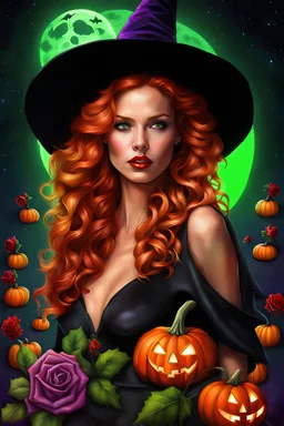 Robyn Lively / Elsa Hosk Shanina Shaik face morph, softly freckled pale skin with green eyes and long red curly hair as a Halloween Witch, wearing a pointy witch hat adorned with roses; perfect purple pumpkins, green skulls, orange bats, magic, Halloween, bats, full moon in a nebula sky, neon spray paint, acrylic paint, fantastical surrealist world; candles, Halloween candles, cobweb, spider, glitter, luminous color sparkles, dayglo orange, neon grape purple, hot pink, dark purple, ch