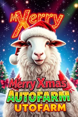 Design an over-the-top, 1990s-style movie poster featuring a flamboyant, festive sheep with Santa's jolly characteristics. Capture the campy, glitter-filled spirit of a holiday extravaganza. Display 'Merry Xmas Autofarm' prominently in bold, rainbow letters, surrounded by sparkling lights, glitter, and festive decorations. Use bright, vibrant colors and playful design elements to evoke a sense of retro holiday magic and fabulous fun