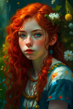 teenage girl, close-up shot, dynamic pose, fair skin with freckles, blue eyes, curly red hair, braided hair style adorned with flowers, slim and athletic body, bohemian-style clothing with embroidery and tassels, enchanted forest setting, on top of a moss-covered tree stump, impressionist style, soft golden sunlight, digital painting, inspired by Gustav Klimt, high resolution
