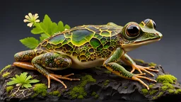 The living petrified wood frog is a mesmerizing, earth art creature, its petrified skin adorned with intricate fungal fractal patterns that accentuate its earthen colors in a fungal art kaleidoscope. Shimmering moss and translucent spore accents decorate the skin, revealing a map of intricately designed fractures that shift gracefully as it moves. Delicate bioluminescent fungi structures extend from the fractures, creating an otherworldly, illuminated appearance. With large, expressive eyes that