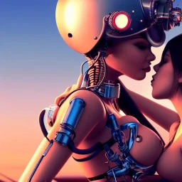 great illustrator, spanish, realistic rendering of a cute spanish girl kissing a beautiful cybergirl. beautiful, simmetric, steampunk style. Helmet with tubes. Girl with wings. Machinery in the background. Robotic bird flying. High details. 4k. unreal engine, sunset