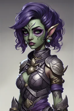 Create a young, perky, female humanoid githyanki. She has pale green skin, big dark purple hair, large dark black eyes, a few facial tatoos, pointed ears, dressed in armor.