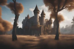 cinematic lighting, 8k highly detailed, surreal and striking, gigantic creepy castle, dead grass, dead trees,