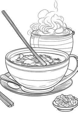 Outline art for coloring page, A JAPANESE CHAWAN TEACUP WITH A SHORT CIGARETTE ON THE TABLE , coloring page, white background, Sketch style, only use outline, clean line art, white background, no shadows, no shading, no color, clear