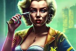 Marilyn Monroe, smokes a cigarette, cyberpunk2077, photorealistic illustration, 4k