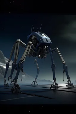 I want an image of a eight legged mechanical walker scaling the side of mout everest at night, it has a smooth surface, it has storage pods on its belly human can fit in the pods