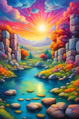 vibrant psychedelic oil painting image, airbrush, 64k, cartoon art image of A bank of the lake stone wall - areal view - more sky - , dystopian