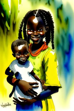 A cute smiling african girl is holding a kitten. Watercolour