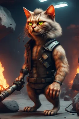 neanderthal cyberpunk cat with club and cave fire in the style of fallout 4