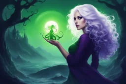 her alluring silhouette with violet boots, her white hair, violet and curly, frames her in a romantic charm that whispered secrets of Scandinavian allure. she wears green t-shirt, tempting the imagination - Facing forward with arms raised, with her huge, adorable eyes she embodies the essence of the Cthulhu mythos, a dark sorceress from the depths of the ocean