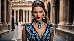 Beautiful model female fashion vogue style, portraits with dresses Gucci, background Rome via Nazionale, via Condotti, Dramatic ambience, wearing Damiani Diamond Jewelry, in sharp focus, post – processing, perfect composition, global illumination, Canon EF 16 – 35mm f/ 2. 8L III USM Lens on a Canon EOS 5D Mark IV camera, Cinematic lighting, Dramatic lighting, sharp focus, photorealistic, Ultimate Luxury, romantic mood, expressions, 4k, 8k, 16k, full ultra hd, high resolution --ar 3:2 --v 5 --up-