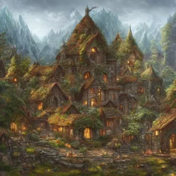 A beautiful elven village built on large rocks, detailed painting, full HD, 8K, 18K