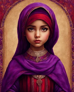 Artistic red purple little palestinian girl , PRINT medieval style