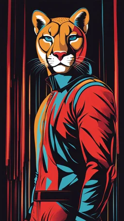 Full body Cougar man man with puma mask in his eyes stylized lineal art complementary colors quality ultra 12k super héroe